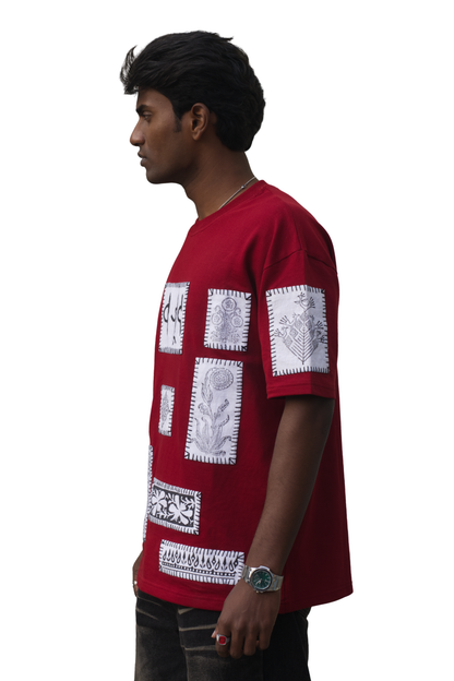 Maroon Blockprint Patchwork T-Shirt
