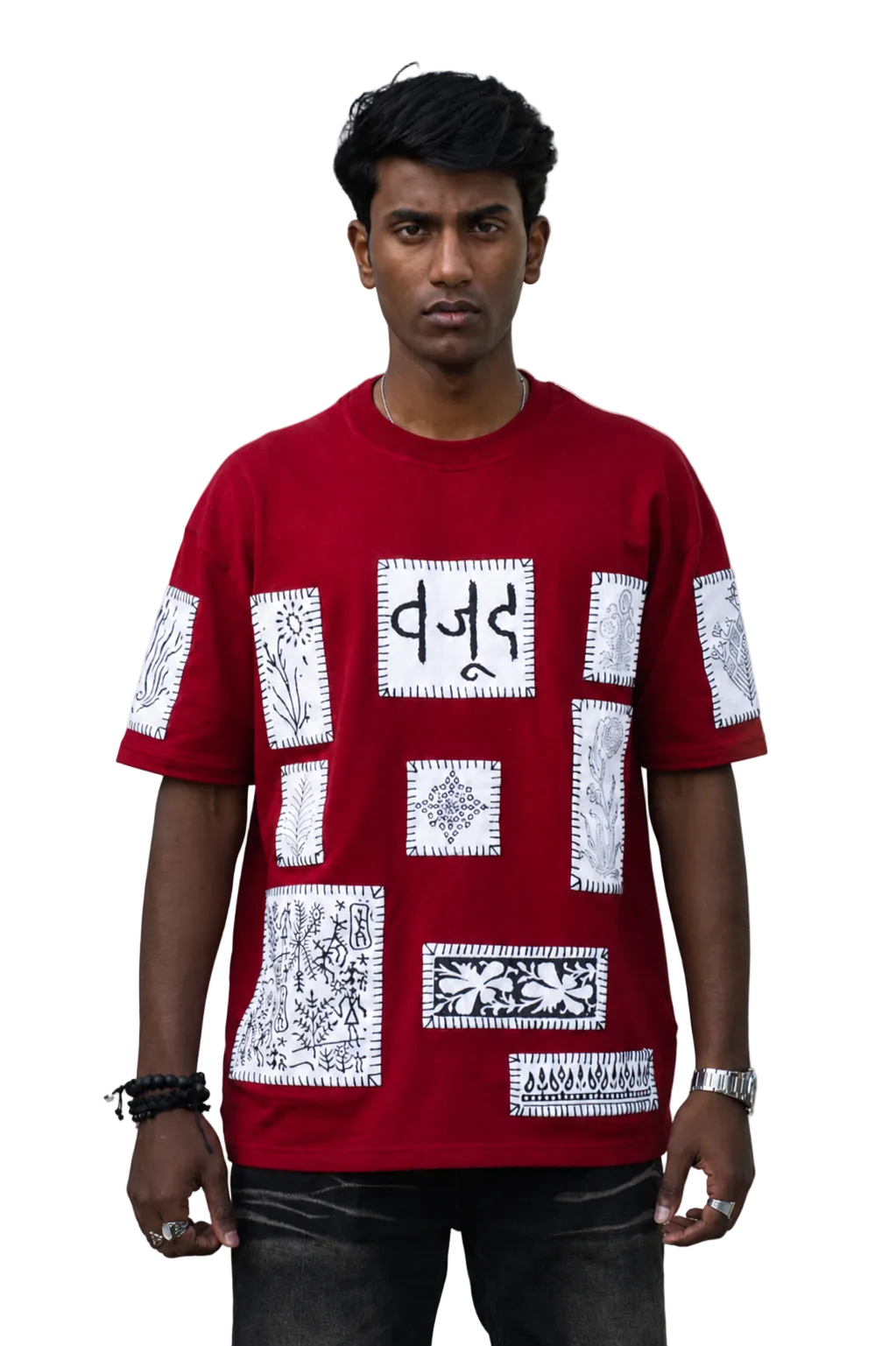 Maroon Blockprint Patchwork T-Shirt