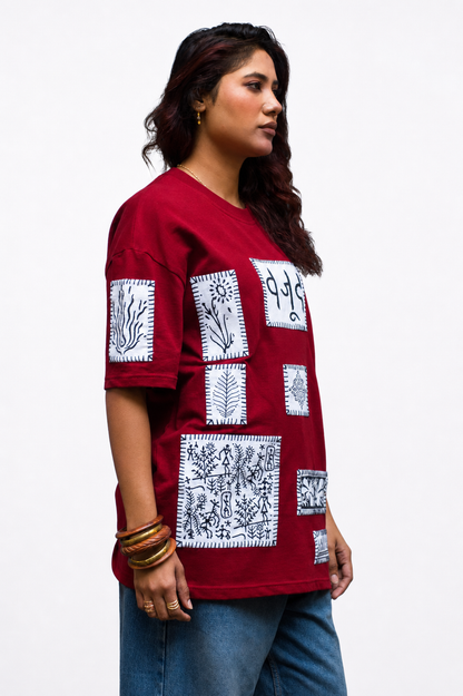 Maroon Blockprint Patchwork T-Shirt