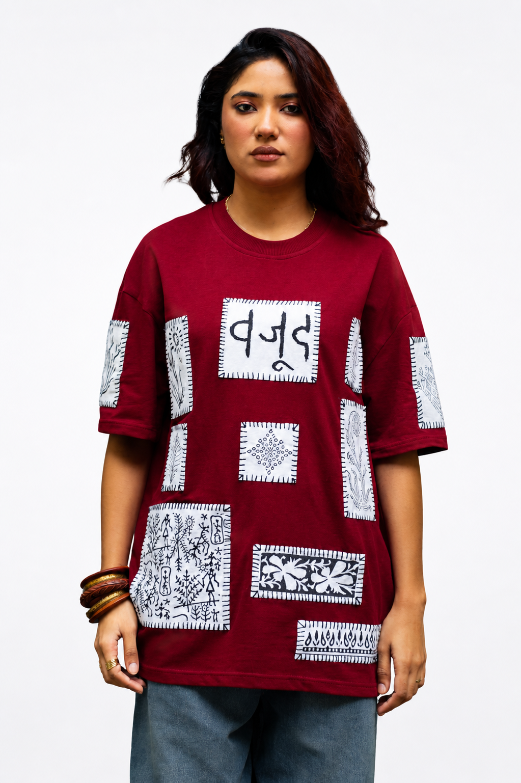 Maroon Blockprint Patchwork T-Shirt