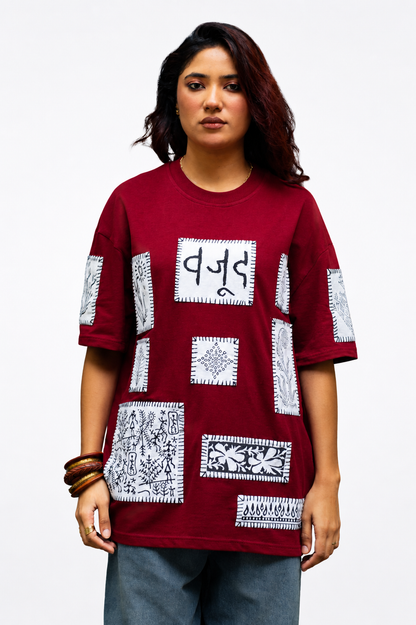 Maroon Blockprint Patchwork T-Shirt